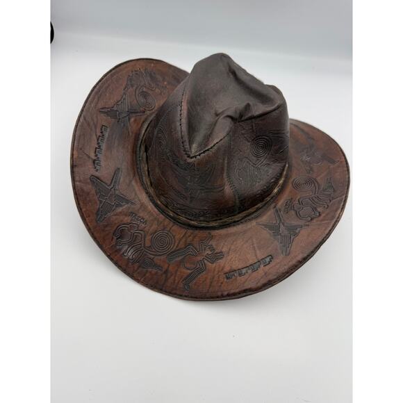 Vintage Leather Cowboy Hat - Hand Tooled Peru Souvenir - Nazca Lines Design - Picture 1 of 9